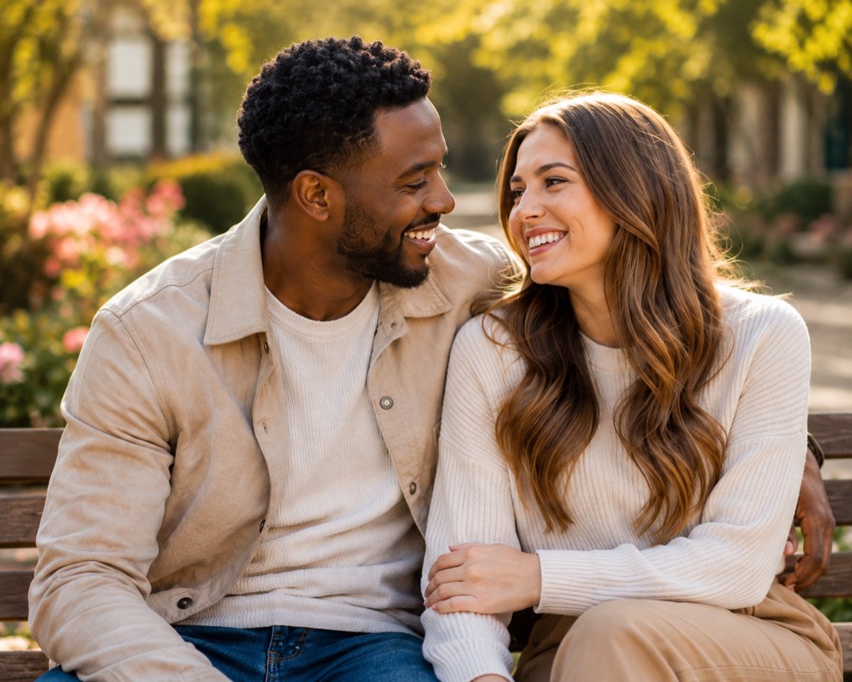 A couple smiling together outdoors